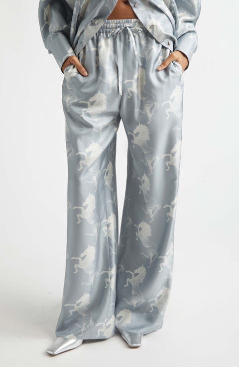 Horse Print Paneled Silk Drawstring Pants