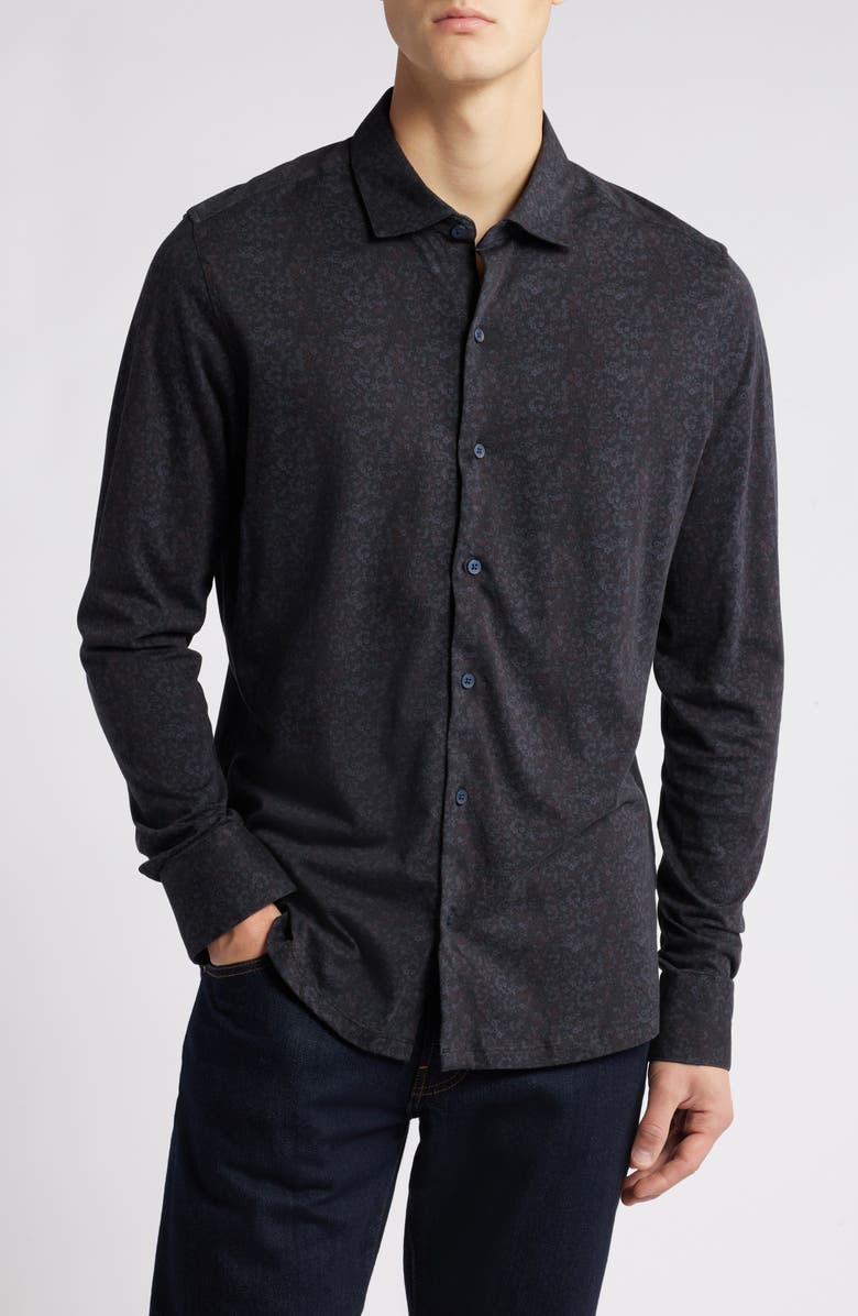 Robert Barakett Felix Floral Print Knit Button-Up Shirt, Main, color, Navy