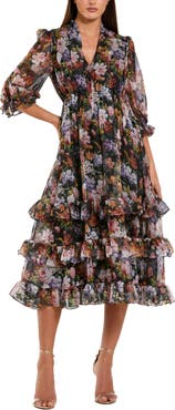 Mac Duggal Chiffon 3/4 Sleeve A Line Midi Dress With Ruffles