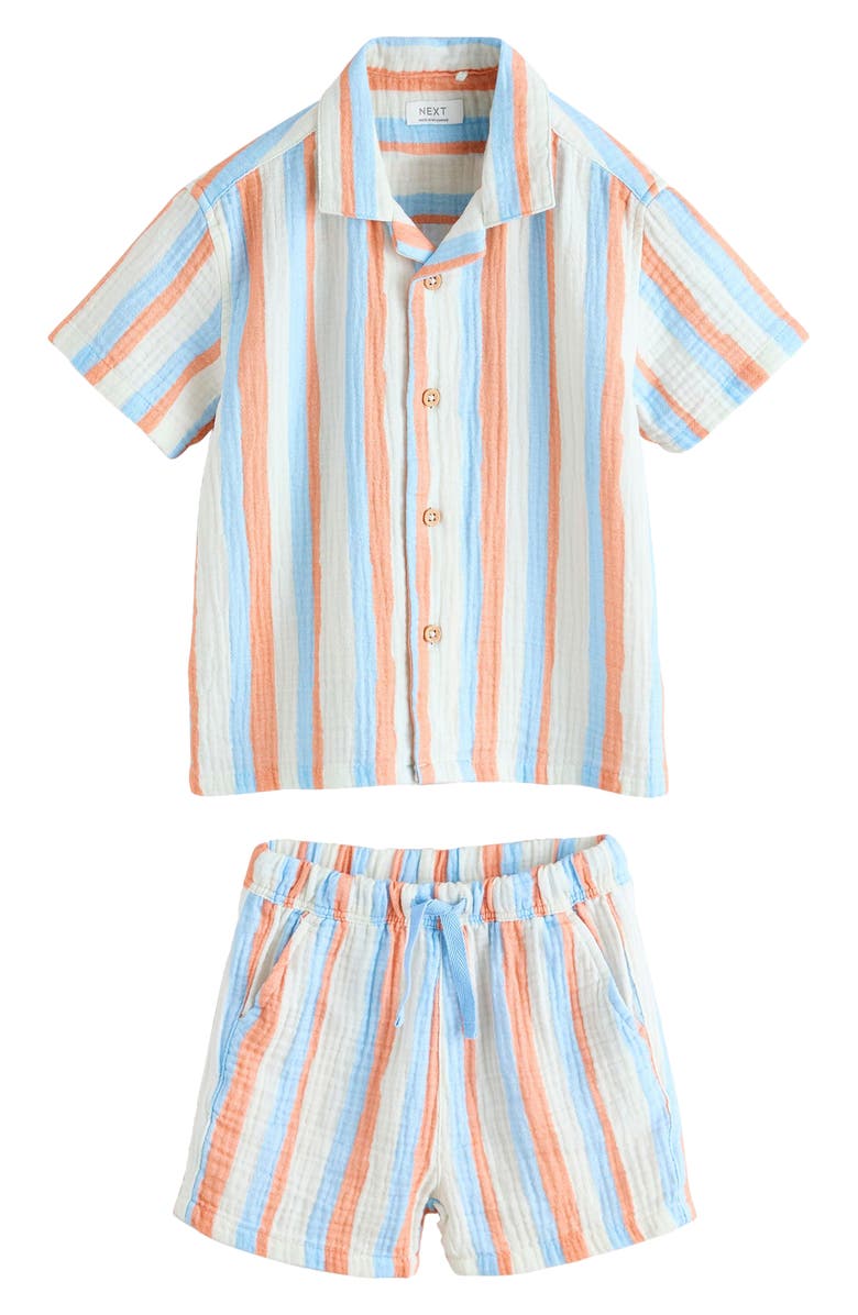 NEXT Kids' Short Sleeve Button-Up Shirt & Shorts Set, Main, color, Blue Stripe