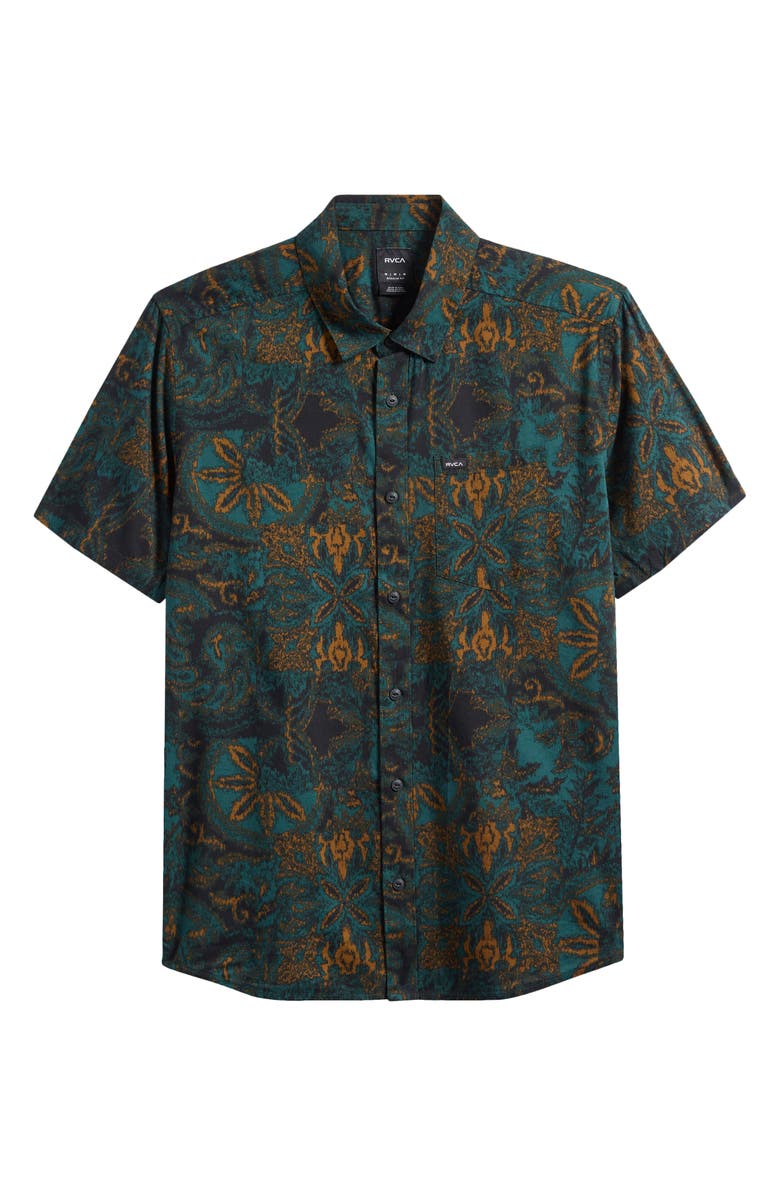 RVCA Sunup Short Sleeve Cotton Blend Button-Up Shirt, Alternate, color, Hunter Green