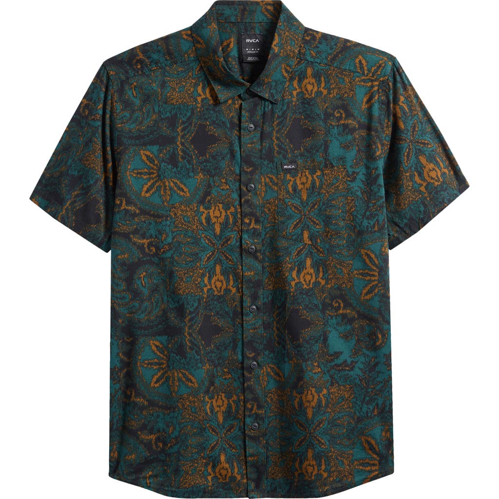 Rvca Sunup Short Sleeve Cotton Blend Button-up Shirt In Green