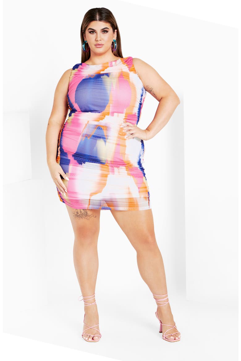 Halo Print Sleeveless Ruched Mesh Body-Con Dress, Alternate, color, INK PLAY