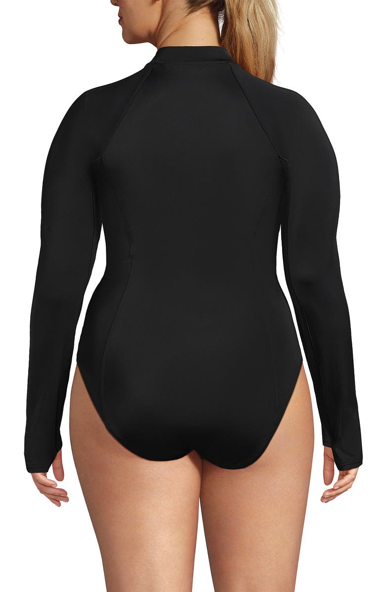 Lands' End Plus Size Tugless Long Sleeve Rash Guard One Piece Swimsuit, Alternate, color, Black
