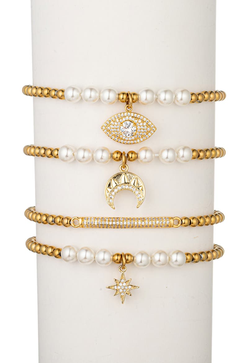 Set of Four CZ & Imitation Pearl Beaded Bracelets, Main, color, GOLD