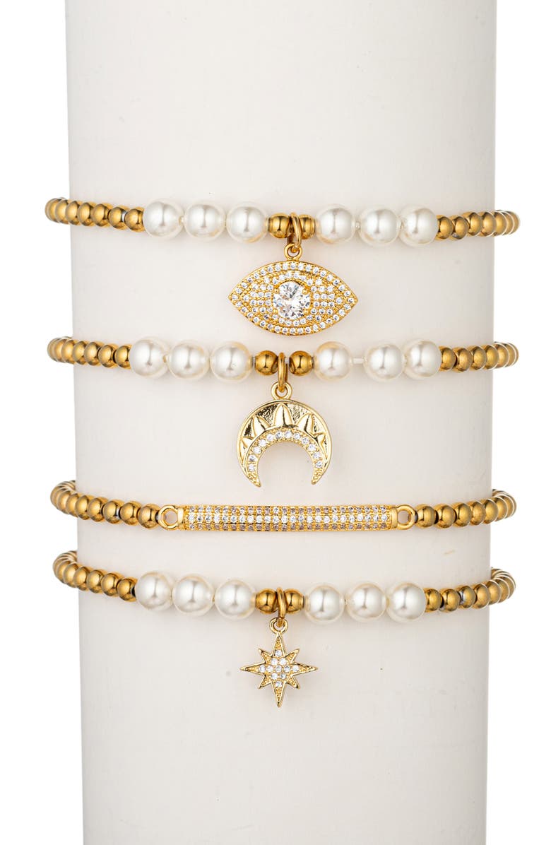 EYE CANDY LOS ANGELES Set of Four CZ & Imitation Pearl Beaded Bracelets, Main, color, Gold