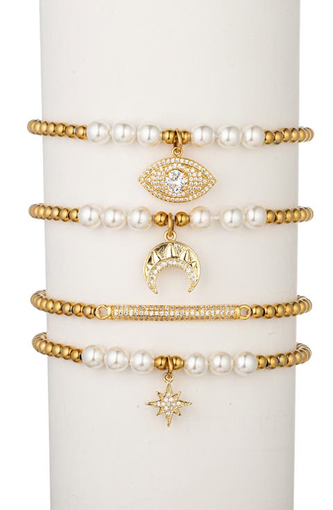 Set of Four CZ & Imitation Pearl Beaded Bracelets