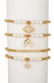 EYE CANDY LOS ANGELES Set of Four CZ & Imitation Pearl Beaded Bracelets
