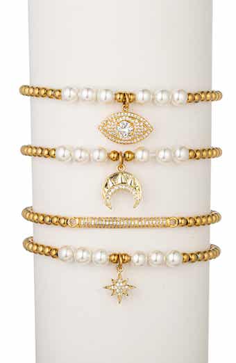 Set of Four CZ & Imitation Pearl Beaded Bracelets