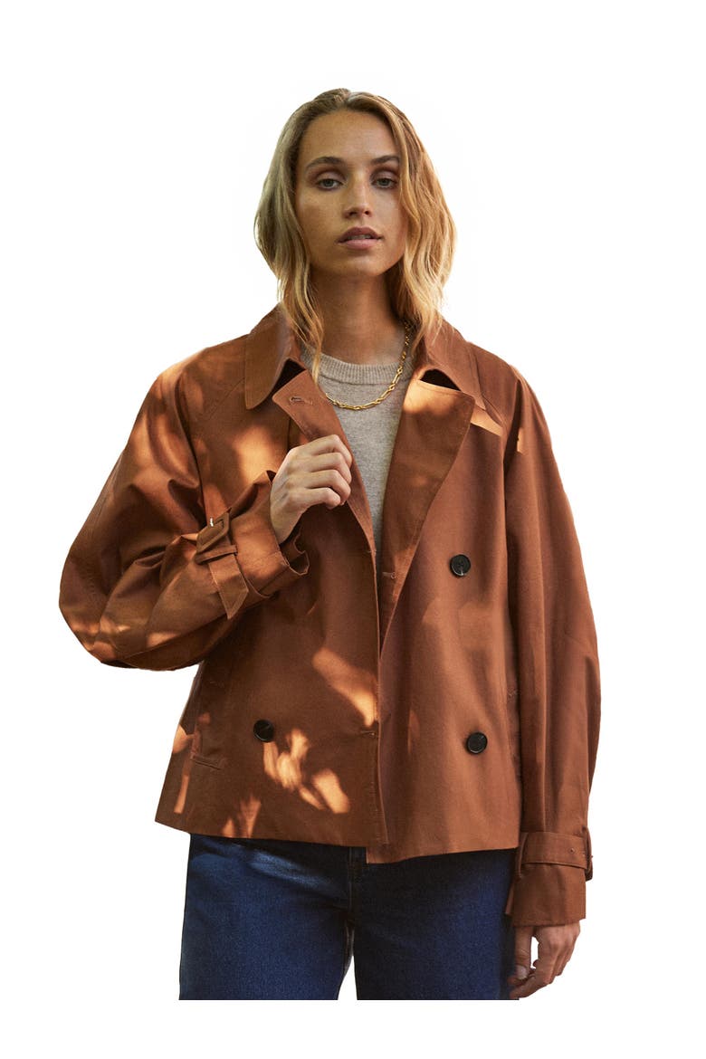 Long Sleeve Short Trench Jacket, Main, color, Brown