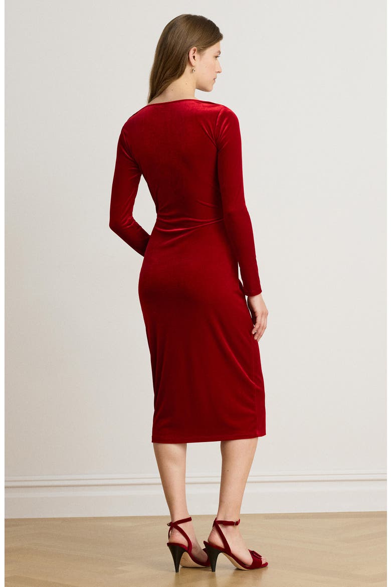 Draped Neck Long Sleeve Velvet Sheath Dress, Alternate, color, RED VELVET