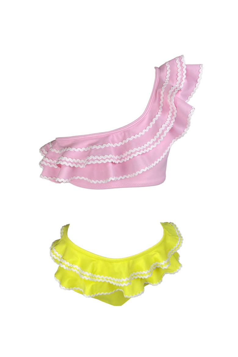 Kids' One Shoulder Multi-Layered Ruffle Two-Piece Swimsuit, Main, color, Pink-Yellow