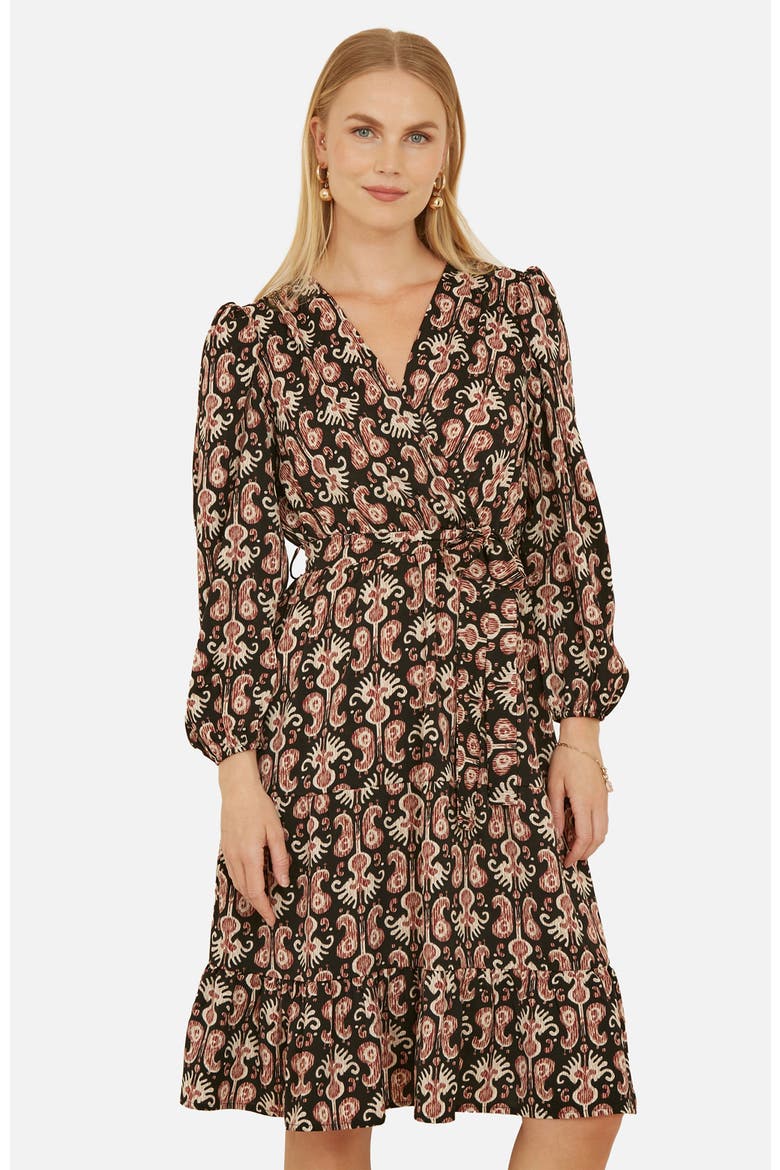 Ikat Long Sleeve Skater Midi Dress, Alternate, color, Black