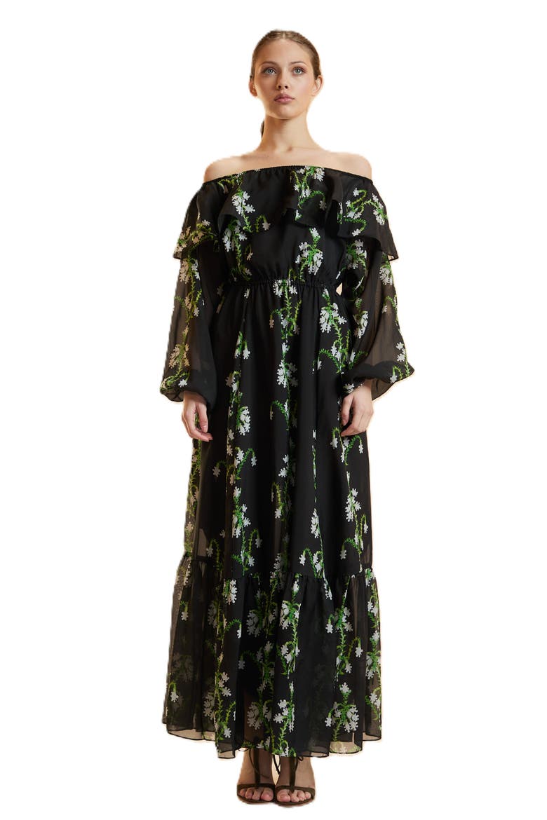 Off Shoulder Silk Maxi Dress, Main, color, Black Vine Floral