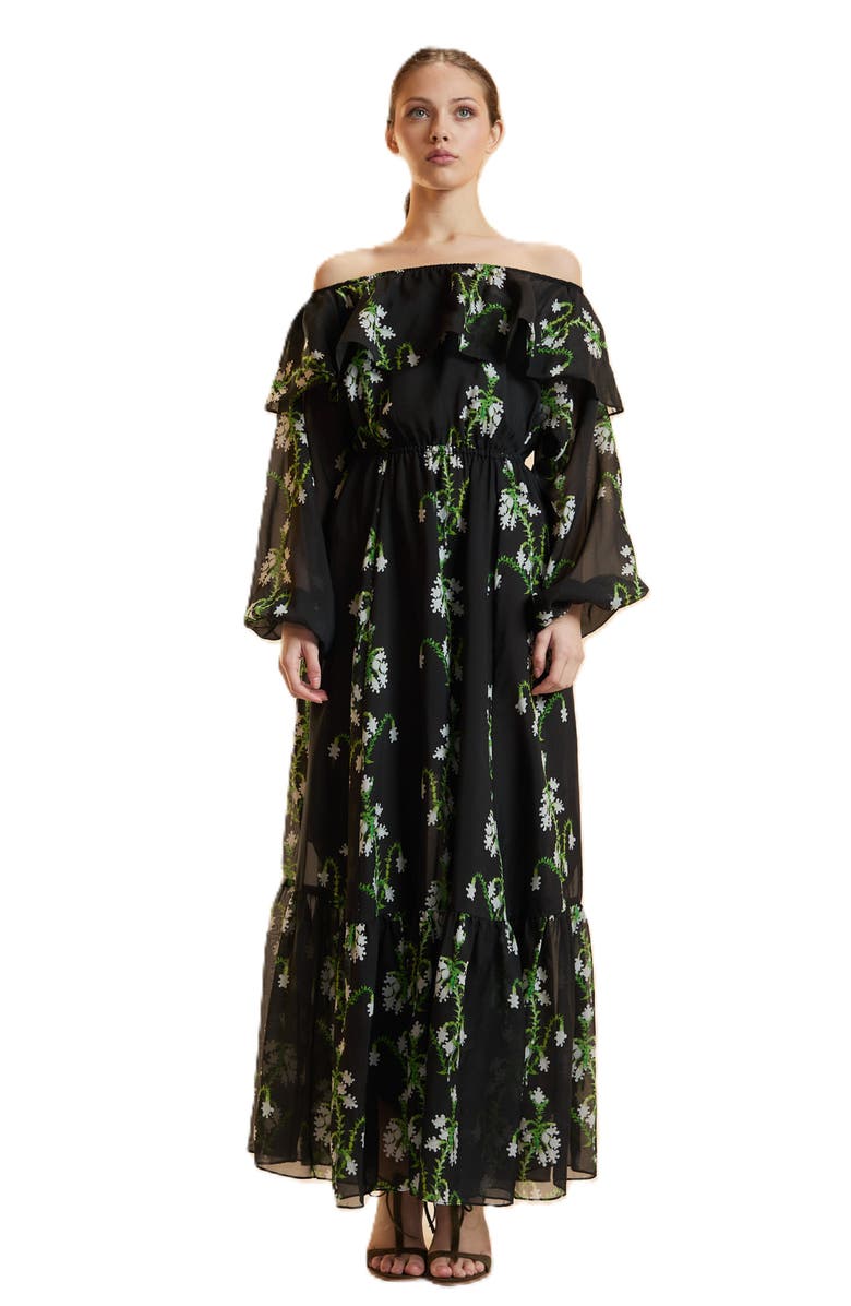 Cynthia Rowley Off Shoulder Silk Maxi Dress, Main, color, Black Vine Floral