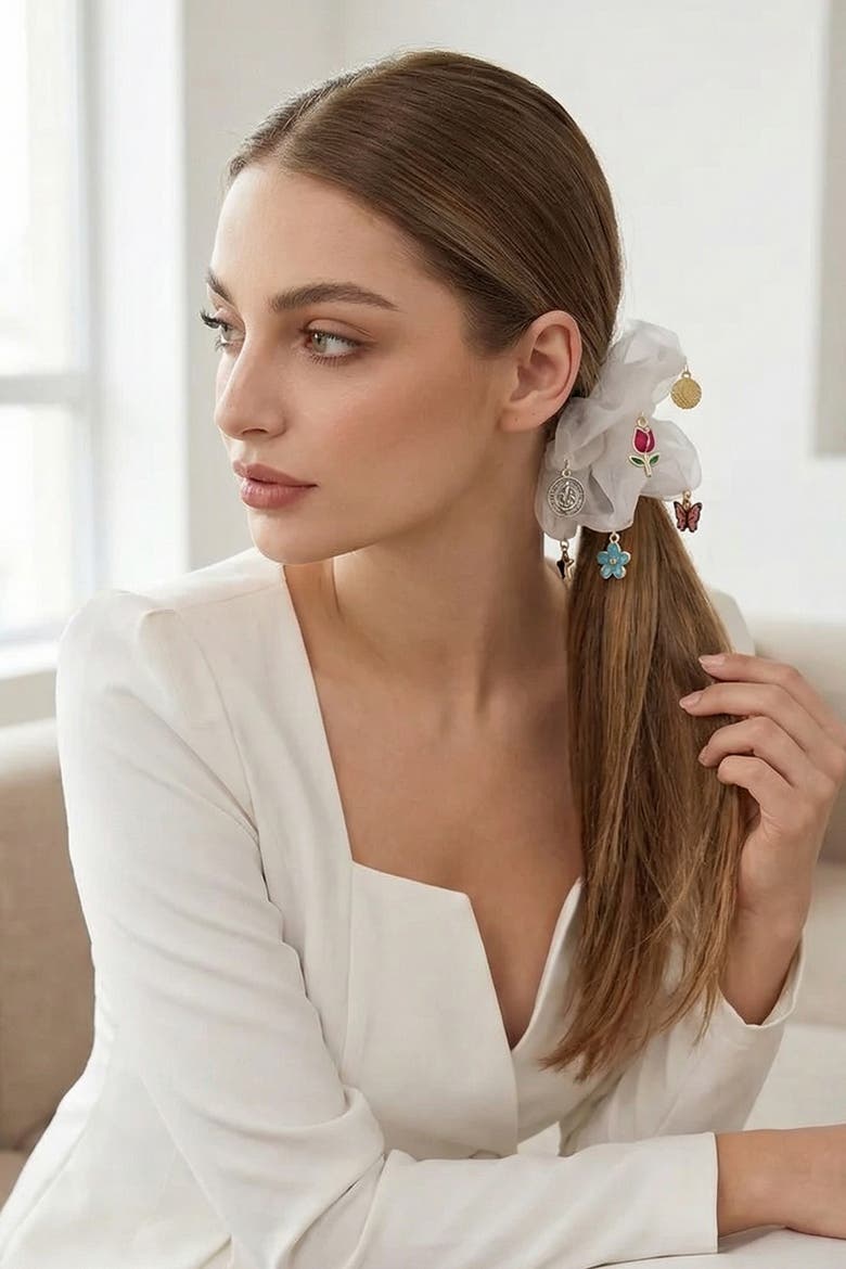 Oversized Organza Scrunchie with Charms - White, Alternate, color, White