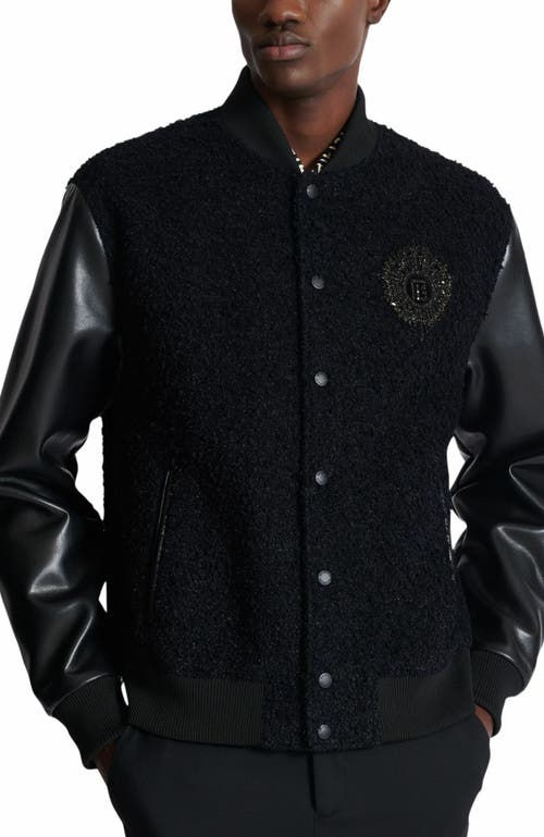 BALMAIN BALMAIN VARSITY TWEED AND FAUX LEATHER JACKET