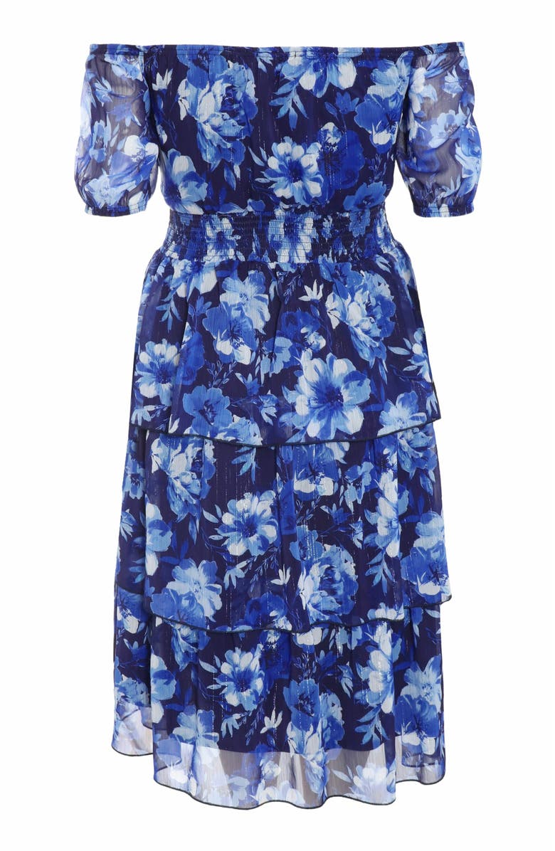 QUIZ Plus Size Chiffon Floral Bardot Tiered Midi Dress, Alternate, color,