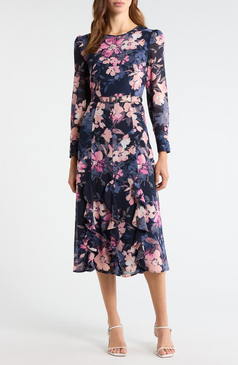 Tahari ASL Floral Belted Ruffle Hem Midi Dress, Main, color, Navy Peri Floral