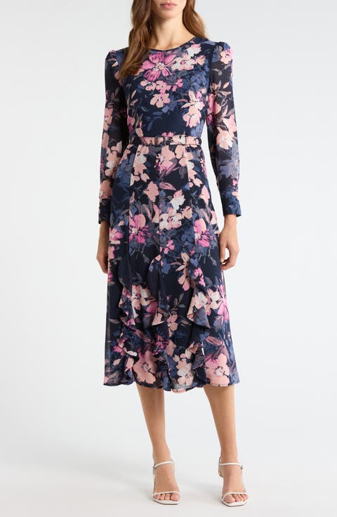 Floral Belted Ruffle Hem Midi Dress