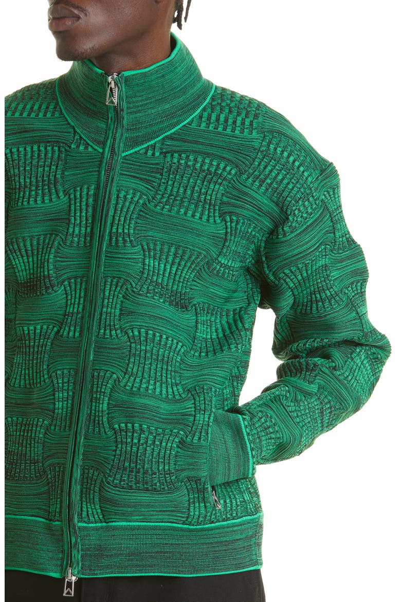Stand Collar Zip Front Recycled Polyester Rib Sweater, Alternate, color, BLACK/ PARAKEET