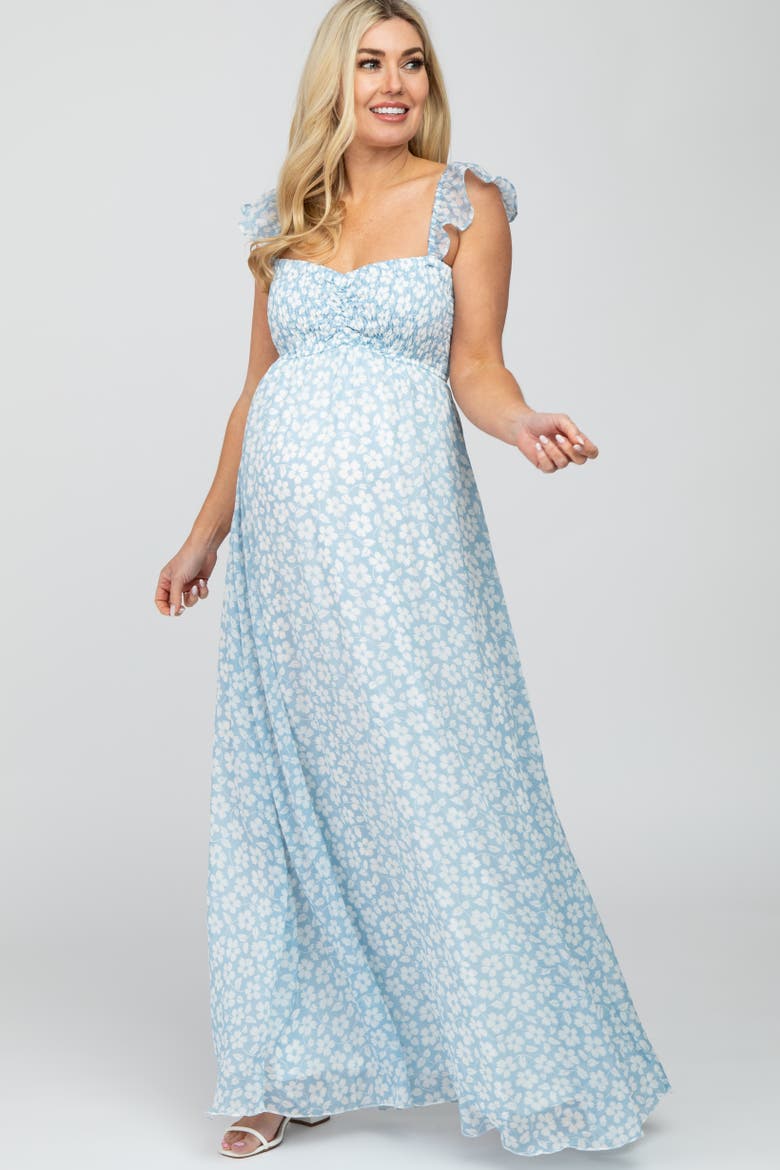 Floral Chiffon Sweetheart Neck Off Shoulder Maxi Dress, Main, color, Light Blue
