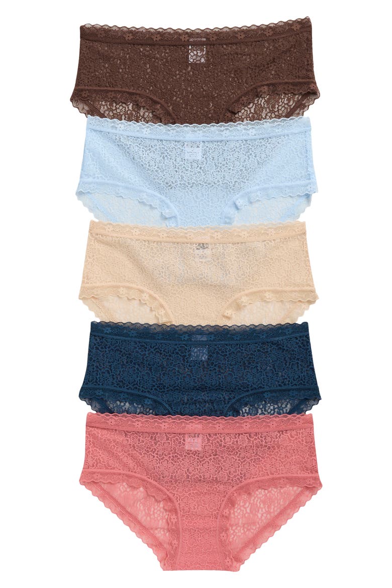Assorted 5-Pack Lace Hipster Briefs, Main, color, BLUE- BROWN MULTI
