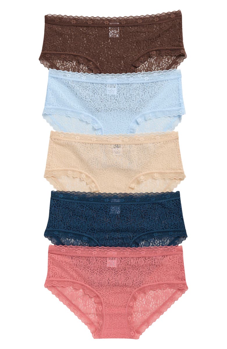 NORDSTROM RACK Assorted 5-Pack Lace Hipster Briefs, Main, color, Blue- Brown Multi