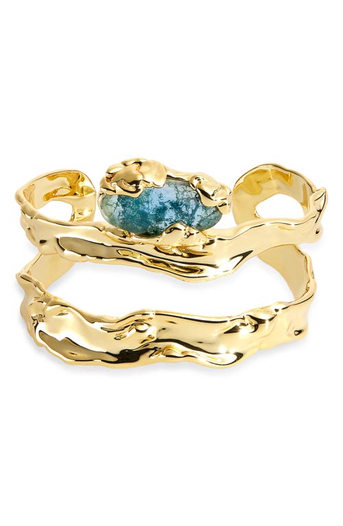 Alexis Bittar Brut Blue Moss Agate Cuff Bracelet in Teal Stone/Gold 