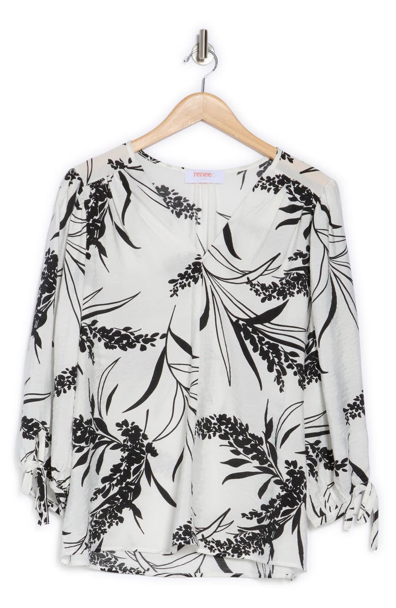 Renee C Floral Print V-Neck Shirt, Alternate, color, White