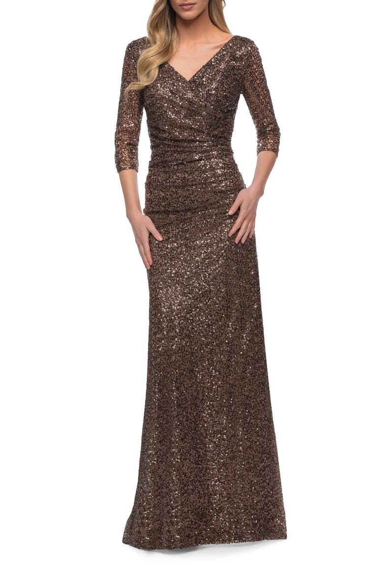 Ruched Sequin Gown, Alternate, color, BRONZE