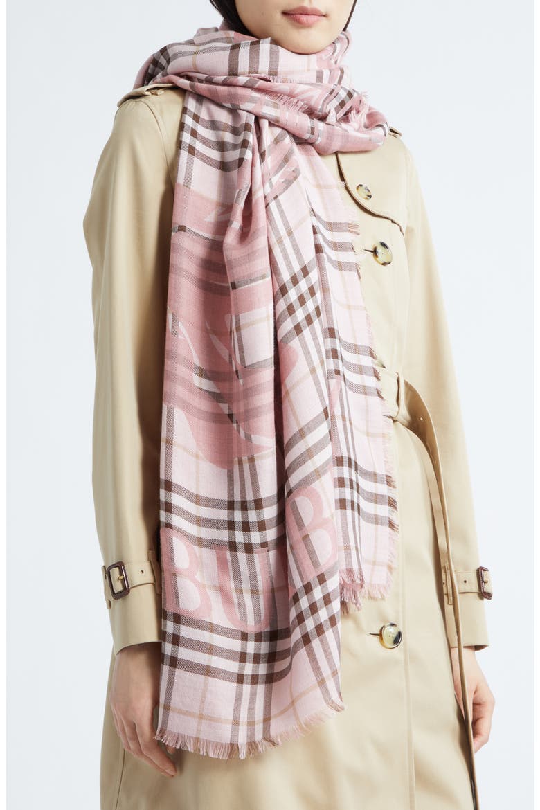 EKD Check Wool & Silk Gauze Fringe Scarf, Alternate, color, BOW PINK