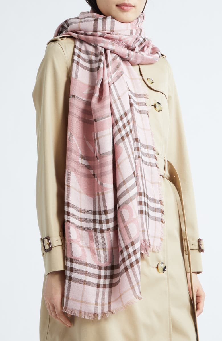 Burberry EKD Check Wool & Silk Gauze Fringe Scarf, Alternate, color, Bow Pink