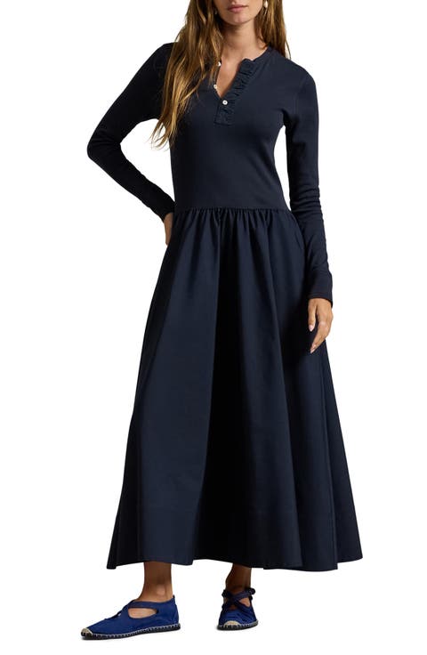 Long Sleeve Mixed Media Henley Midi Dress