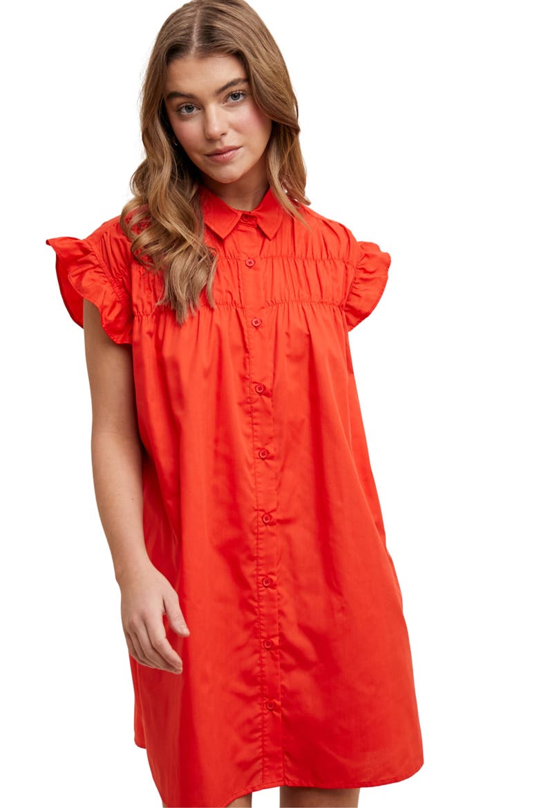 Flutter Sleeve Button-Up Shift Dress, Alternate, color, CHERRY