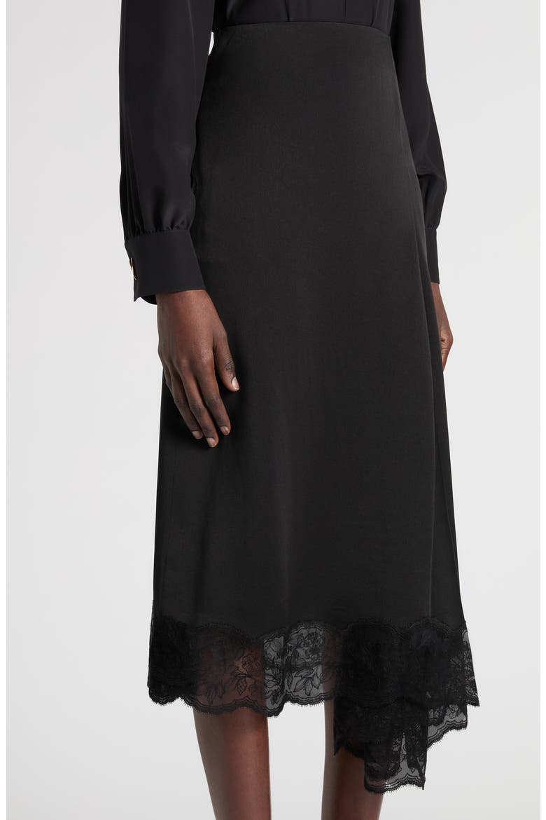 Lace Trim Asymmetric Silk Skirt, Alternate, color, BLACK