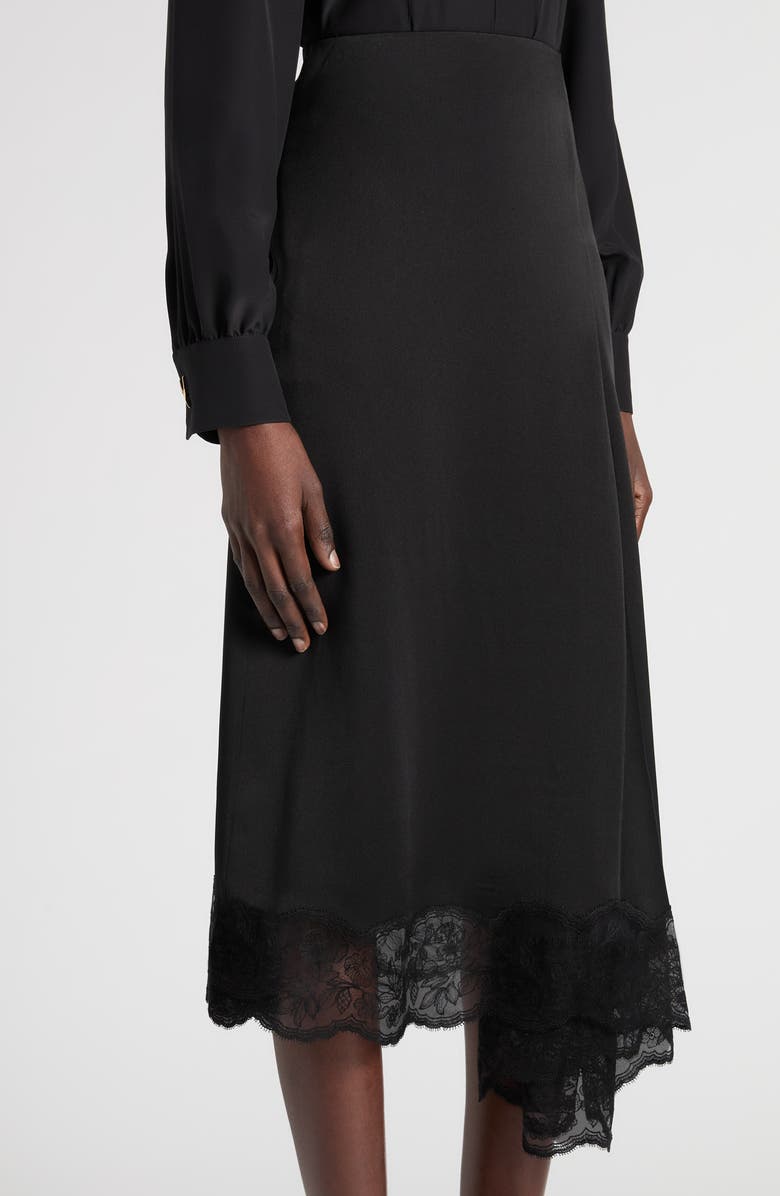 McQueen Lace Trim Asymmetric Silk Skirt, Alternate, color, Black