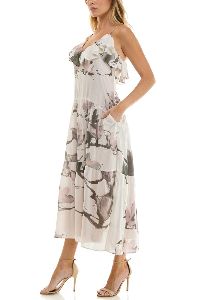 Ruffle Floral Midi Dress, Alternate, color, IVORY GREY BROWN