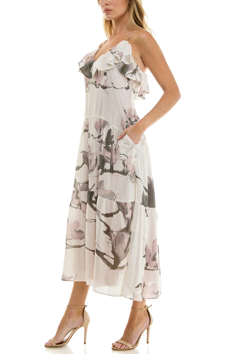 Socialite Ruffle Floral Midi Dress, Alternate, color, Ivory Grey Brown