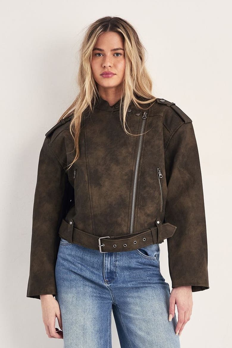 Cropped Biker Jacket, Main, color, Olive
