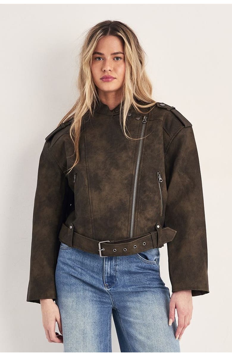 NASTY GAL Cropped Biker Jacket, Main, color, Olive
