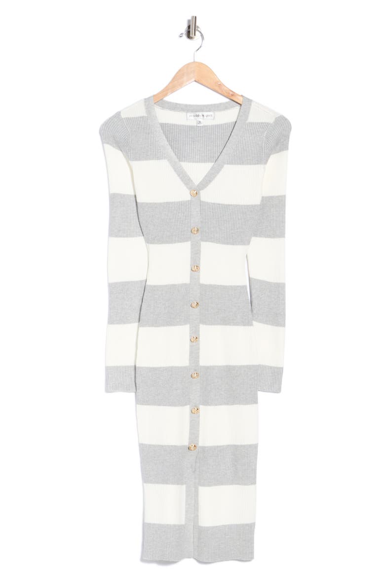 Striped V-Neck Button Front Sweater Dress, Main, color, GREY HEATHER COMBO