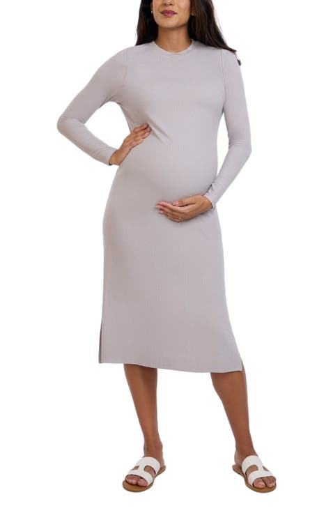 Crew Neck Rib Knit Long Sleeve Column Dress
