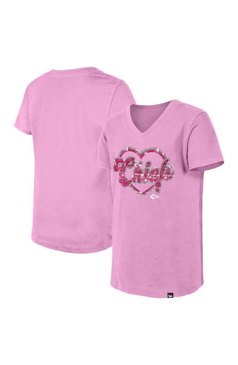 New Era Girls Youth New Era Pink Kansas City Chiefs Flip Sequins V-Neck T-Shirt, Main, color, 