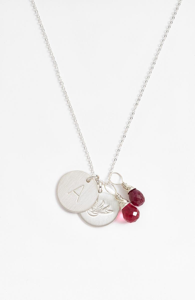 Nashelle Ruby Quartz Initial & Swallow Sterling Silver Disc Necklace, Main, color, 