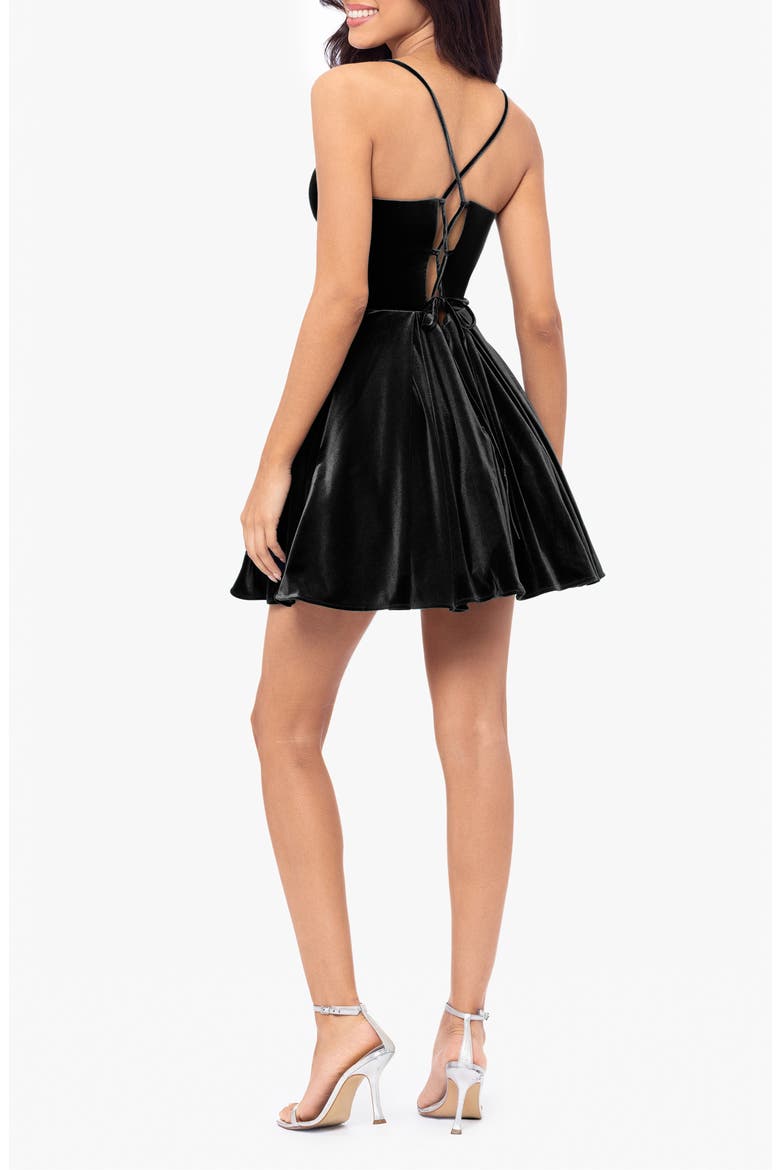 Lace-Up Back Stretch Velvet Fit & Flare Minidress, Alternate, color, BLACK