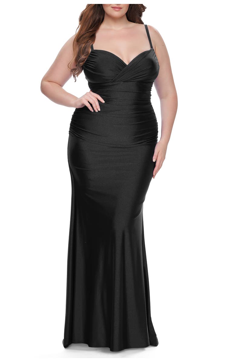 La Femme Ruched Jersey Plus Size Dress with Lace Up Back, Main, color, Black