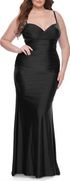 La Femme Ruched Jersey Plus Size Dress with Lace Up Back