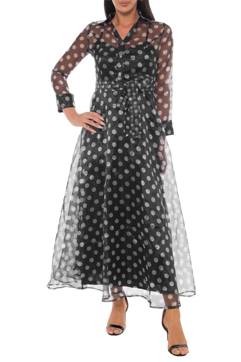 Polka Dot Long Sleeve Organza Shirtdress, Main, color, BLACK WHITE