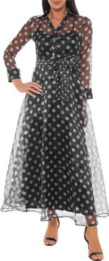 Oleg Cassini Polka Dot Long Sleeve Organza Shirtdress